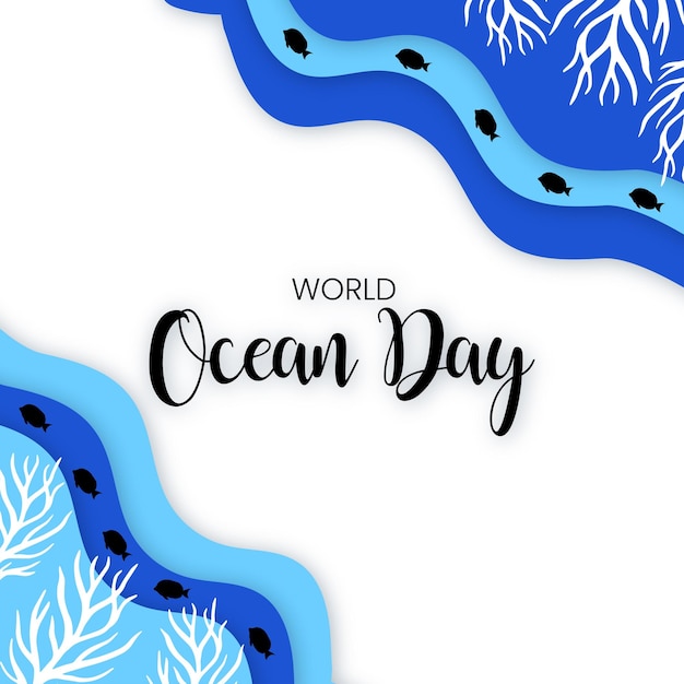 Feliz día mundial del océano azul blanco fondo negro redes sociales diseño banner vector gratis