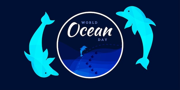 Feliz día mundial del océano fondo azul oscuro banner de diseño de redes sociales vector libre