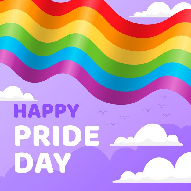 Feliz día del orgullo con nubes y bandera del arco iris