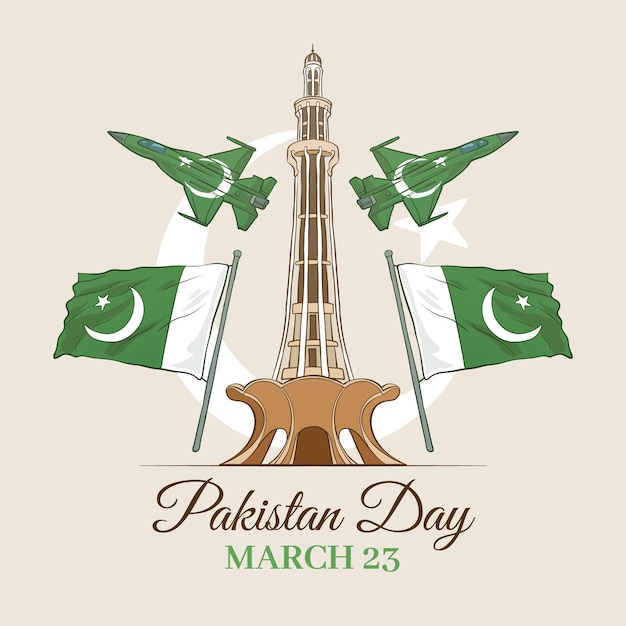 Vector gratuito feliz día de pakistán dibujado a mano y punto de referencia