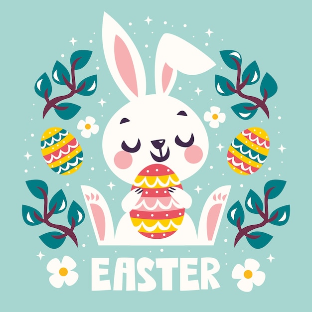 Vector gratuito feliz día de pascua con conejito con huevo colorido