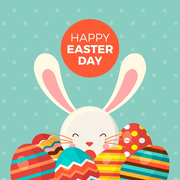 Feliz día de pascua con conejito y huevos pintados