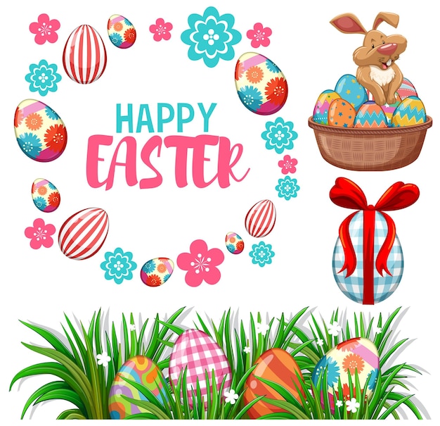 Vector gratuito feliz día de pascua con conejito y huevos