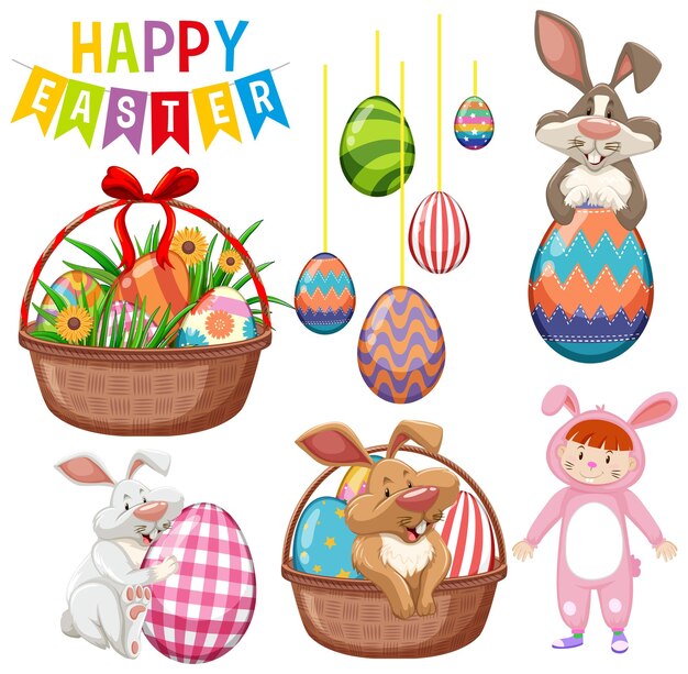 Feliz día de pascua con conejito y huevos