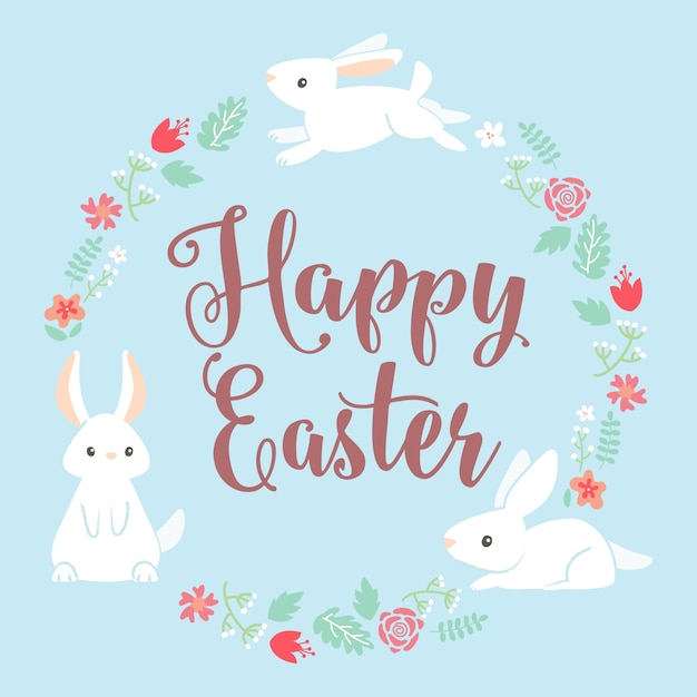 Feliz  día de pascua con conejo y marco floral
