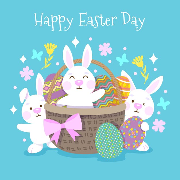Feliz día de pascua fondo con diseño plano de conejitos