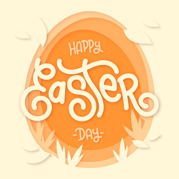 Feliz día de pascua en papel con forma de huevo y hojas