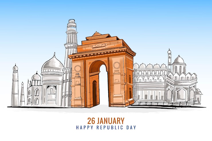 Vector gratuito feliz día de la república el 26 de enero monumentos indios para la india fondo