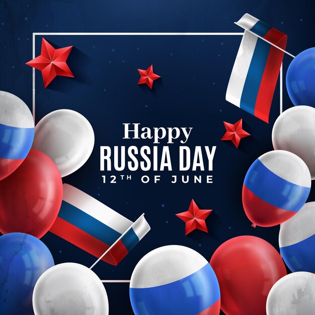 Feliz día de rusia globos y banderas