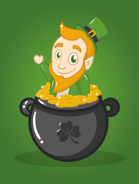 Feliz día de San Patricio, duende irlandés en un caldero