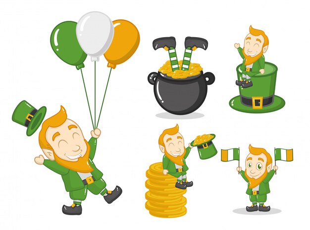 Feliz día de San Patricio, duende con objetos irlandeses