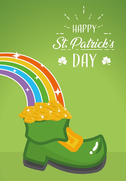 Feliz día de San Patricio, tarjeta de felicitación, bota y póster de arco iris