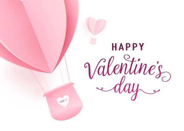 Feliz día de san valentín diseño con papel cortado en forma de corazón rosa globos de aire caliente volando