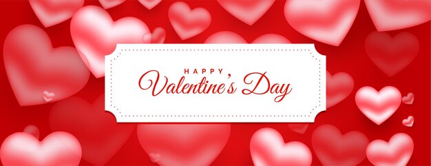 Feliz día de san valentín romántico diseño de banner de corazones 3d