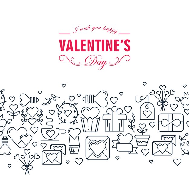 Feliz día de San Valentín tarjeta decorativa con palabras sobre ser feliz y muchos símbolos monocromáticos como ilustración de flechas de cinta de corazón