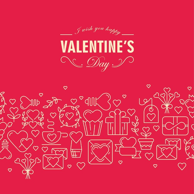 Feliz día de san valentín tarjeta rosa con elementos románticos ilustración plana