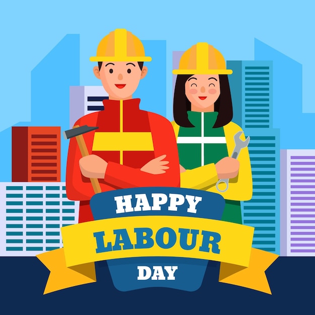 Vector gratuito feliz día del trabajo con trabajadores de la construcción.