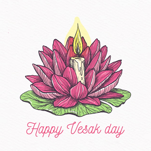 Vector gratuito feliz día de vesak con loto y vela