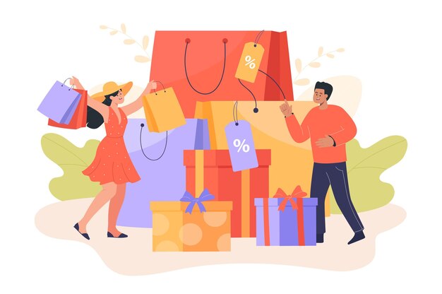 Feliz diminuto hombre y mujer con bolsas de compras y enormes cajas de regalo