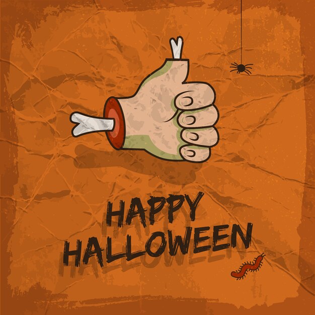 Feliz diseño de halloween con gesto de aprobación colgando araña y gusano