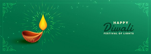 Feliz diwali festival verde banner con diya