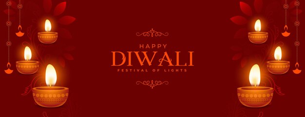 feliz diwali festivo brillante bandera roja de diya