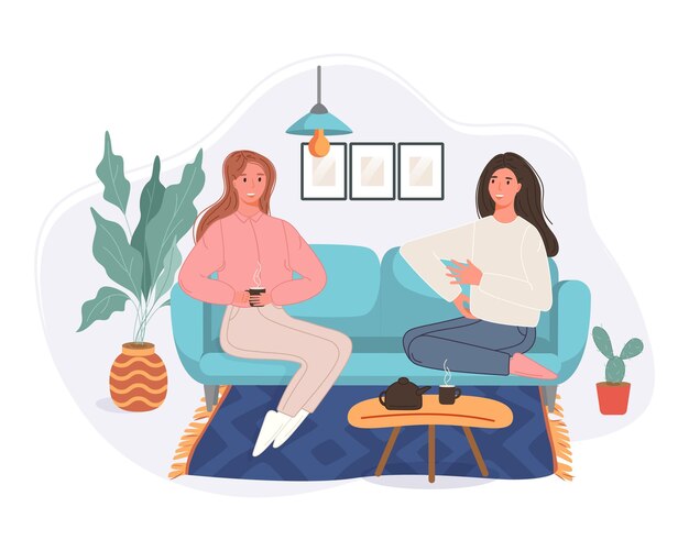 Feliz dos mujeres sentadas en el sofá tomando café y hablando en casa. Carácter sonriente pasar tiempo juntos.