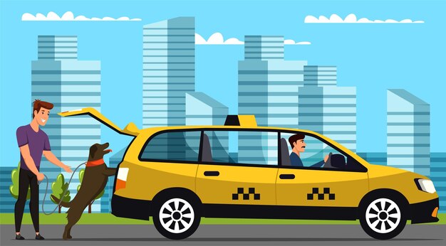 Vector gratuito feliz dueño de un perro sonriente tomando un taxi amarillo con asiento para mascotas viajando con animales domésticos