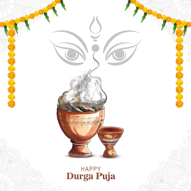 Feliz durga puja arcilla dhunuchi con fondo de festival de puja india de humo