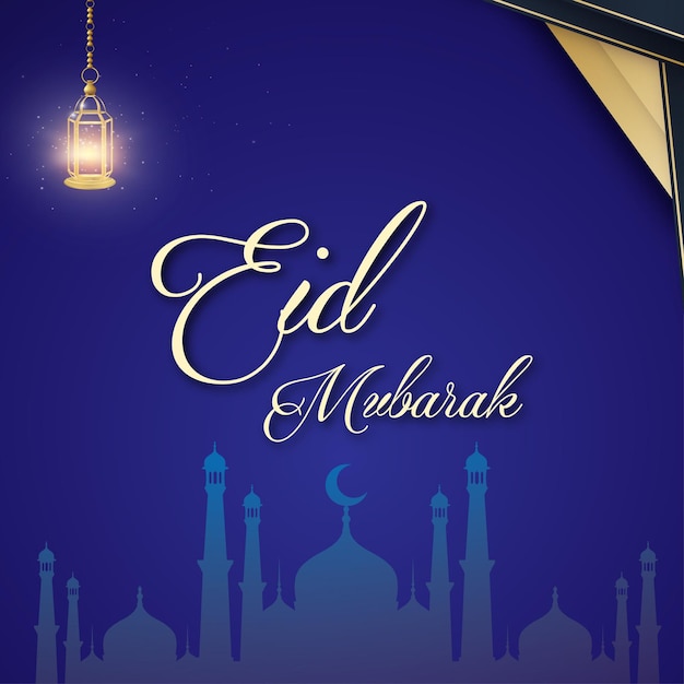 Vector gratuito feliz eid saludos fondo azul real banner de redes sociales islámicas