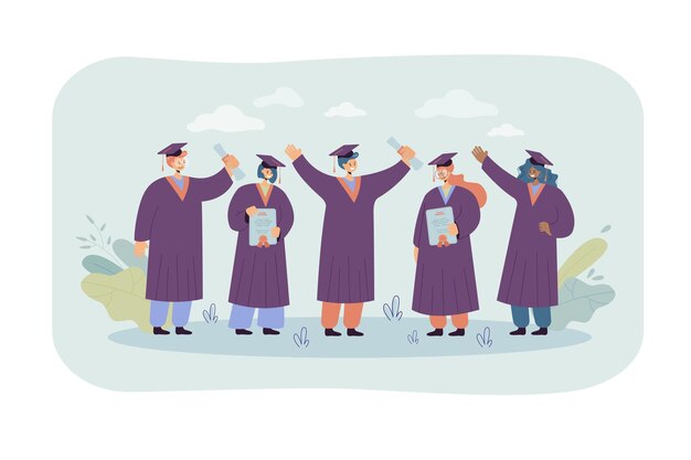 Feliz estudiante graduado de pie y con diplomas aislados ilustración plana. Ilustración de dibujos animados