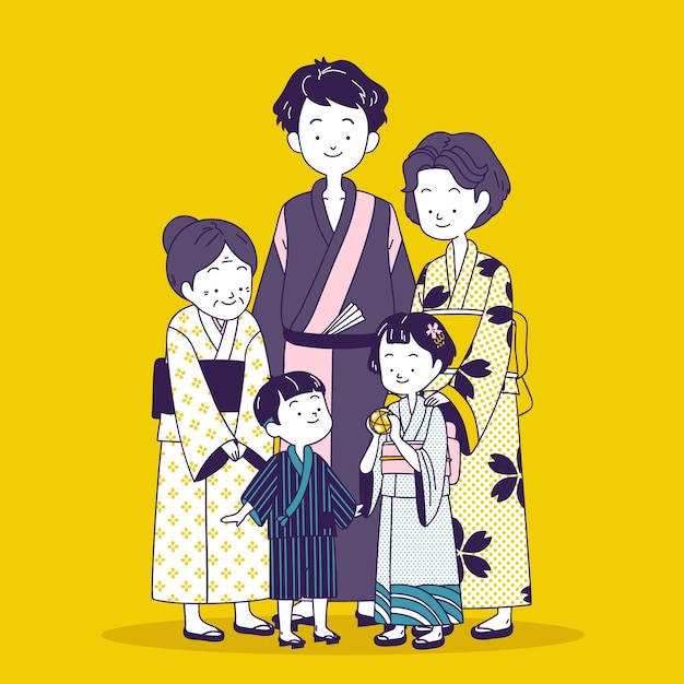 Feliz familia japonesa vistiendo ropas tradicionales