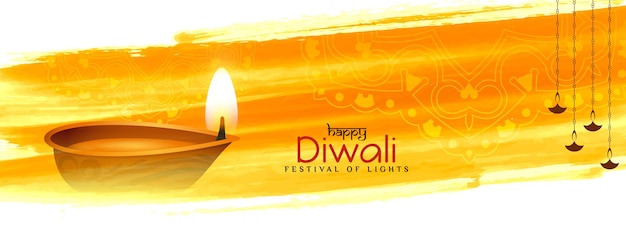 Feliz festival de diwali amarillo acuarela diseño de banner religioso