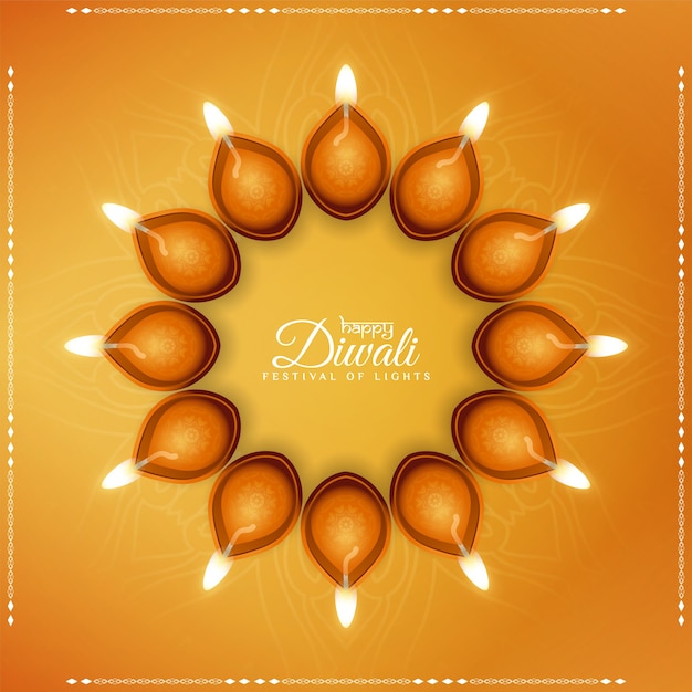 Feliz festival de diwali fondo amarillo con lámparas elegantes