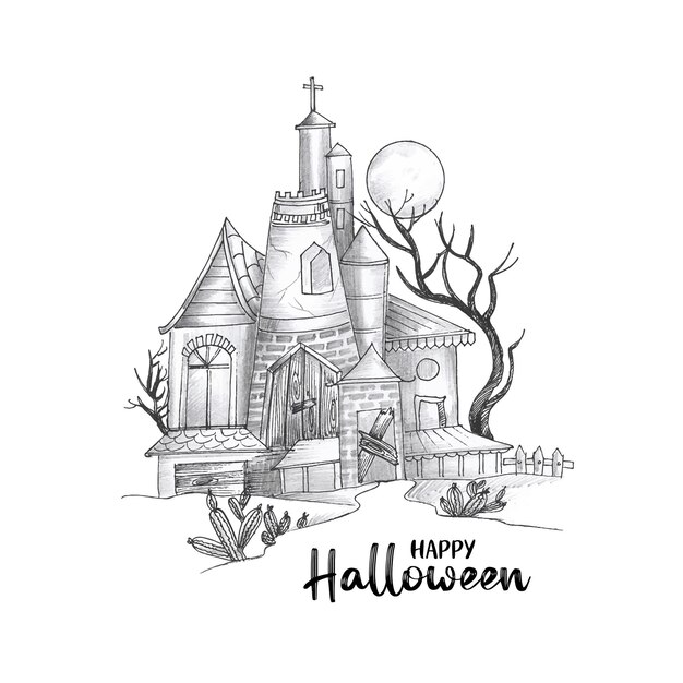 Feliz festival de Halloween espeluznante casa embrujada fondo dibujado a mano