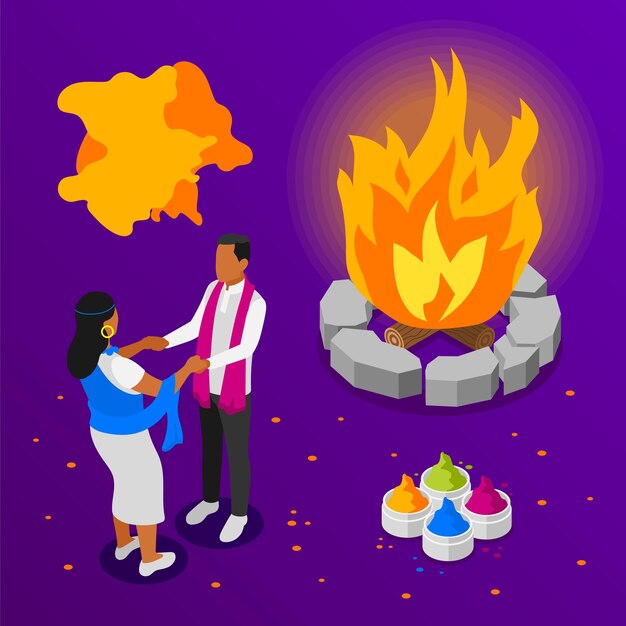 Feliz festival holi de colores fondo violeta con pareja india bailando hoguera y polvo colorido conjunto ilustración vectorial isométrica