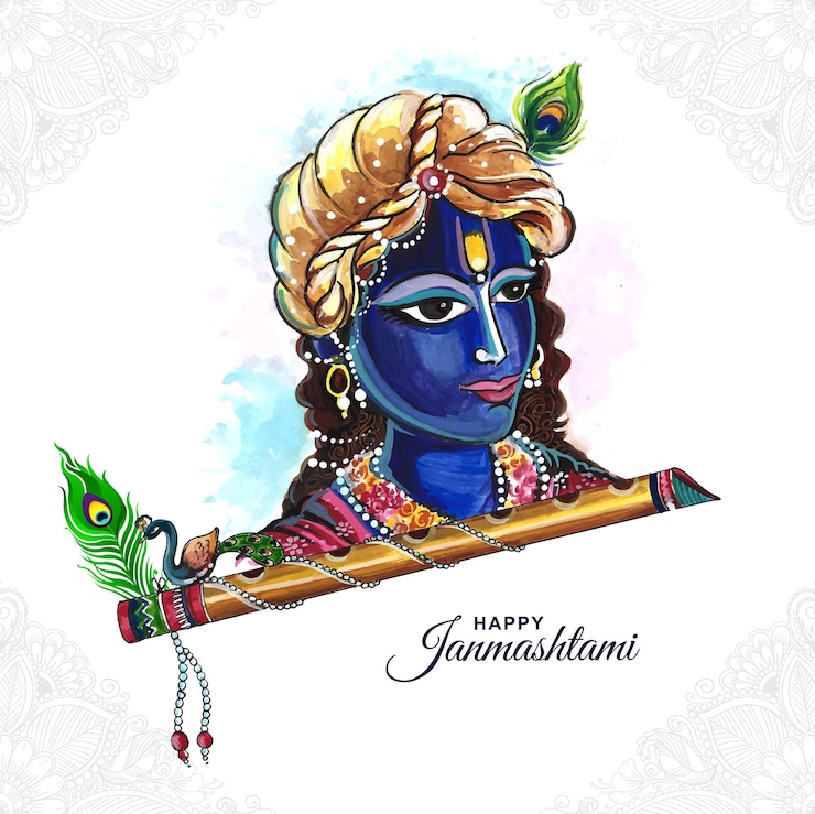 Vector gratuito feliz festival de janmashtami de la india lord krishna hermoso fondo de tarjeta