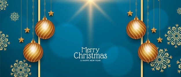 Feliz festival de Navidad banner azul con vector de bolas de Navidad