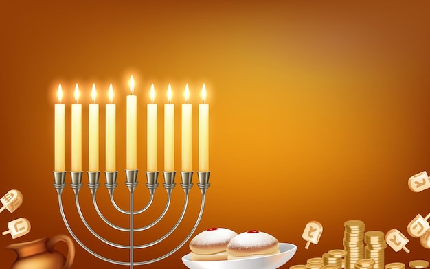 Feliz fondo de celebración del festival judío de hanukkah con luces de candelabro de menora símbolos de estrella de david de seis puntas