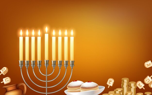 Feliz fondo de celebración del festival judío de hanukkah con luces de candelabro de menora símbolos de estrella de david de seis puntas