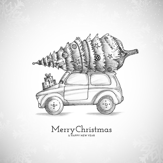 Feliz fondo del festival de Navidad con árbol de Navidad en el coche