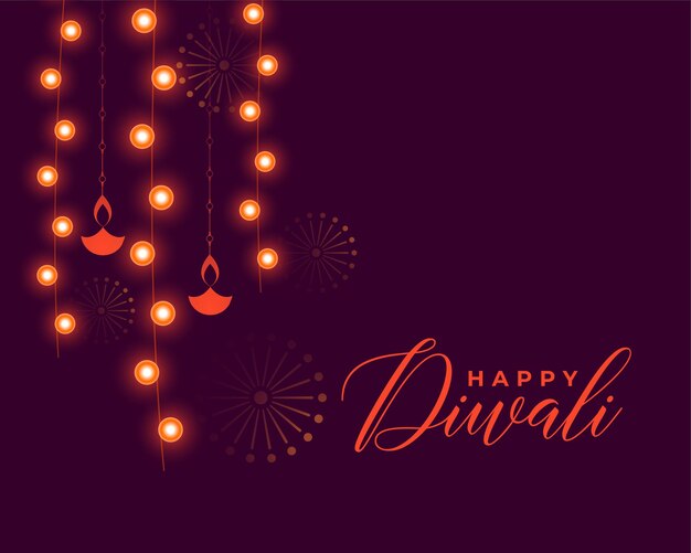 feliz fondo morado deepavali con decoración de luces