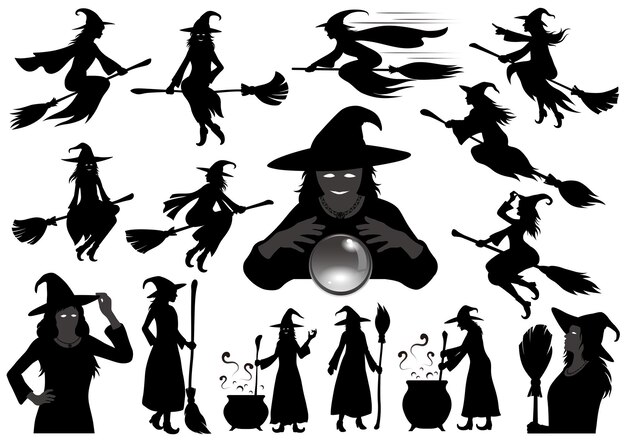 Feliz Halloween Bruja Vector Silueta Ilustración Conjunto Aislado Sobre Fondo Blanco.