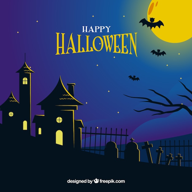 Vector gratuito feliz halloween con una casa encantada al lado de un cementerio