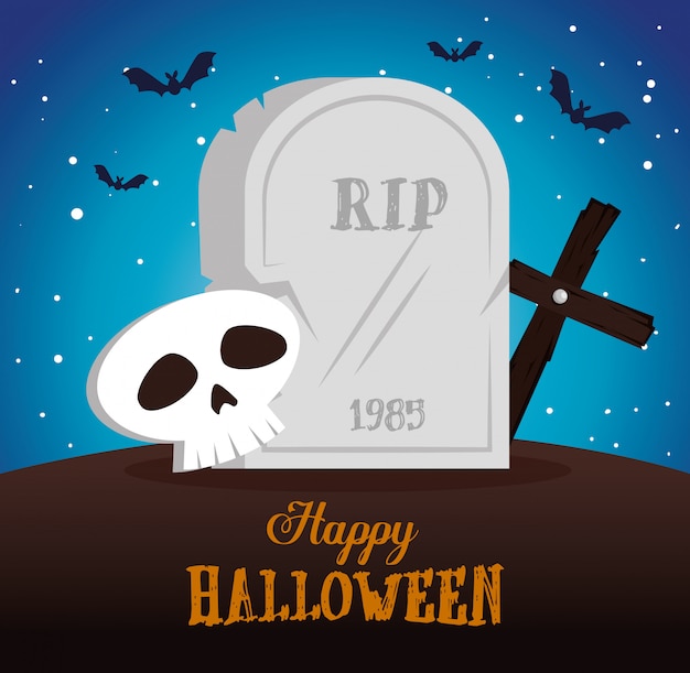 Vector gratuito feliz halloween con escena de cementerio