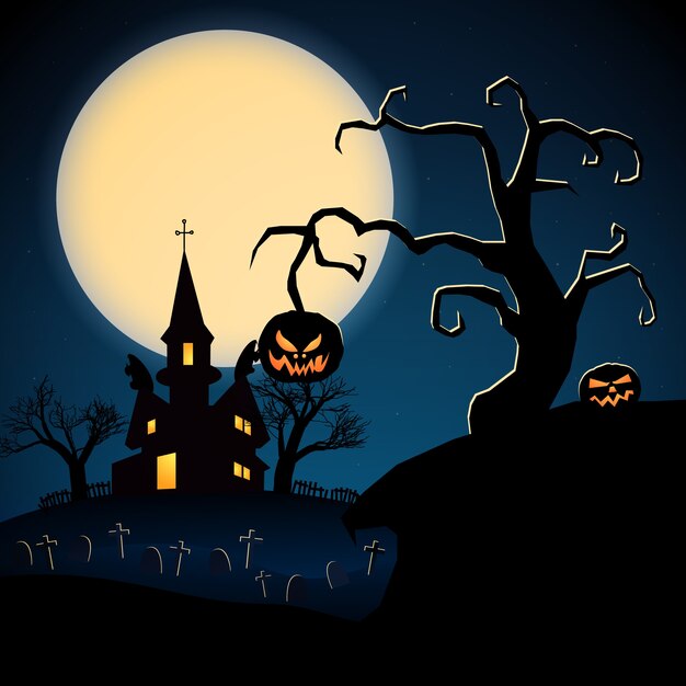 Feliz Halloween ilustración oscura con castillo de miedo árboles secos cementerio de calabazas malvadas