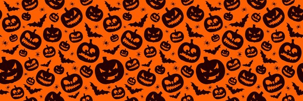 Vector gratuito feliz halloween ilustración de patrones sin fisuras con linda calabaza y murciélagos voladores sobre fondo naranja