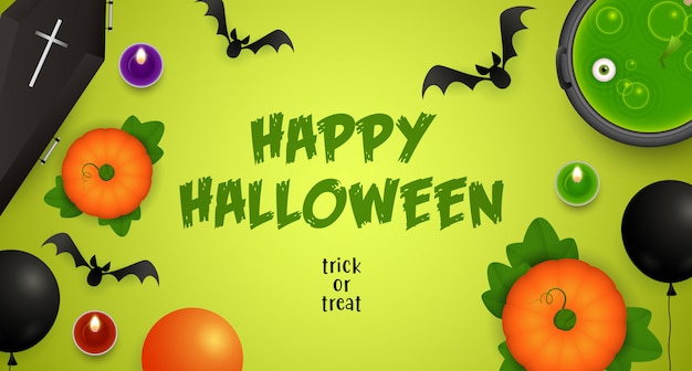 Feliz Halloween, letras de truco o trato con poción y murciélagos