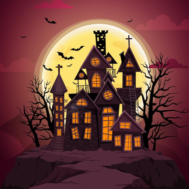 Feliz halloween con noche y castillo aterrador.