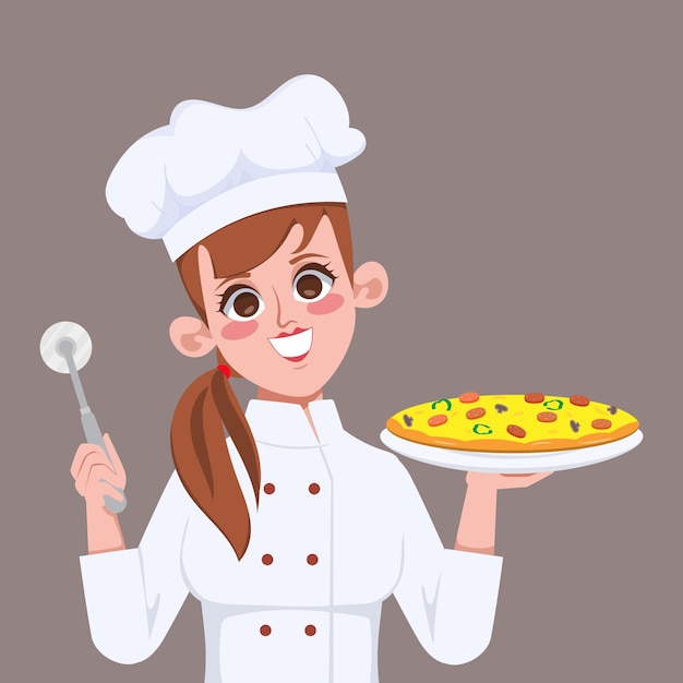 Vector gratuito feliz hermosa mujer chef haciendo ilustración de arte de dibujos animados de pizza